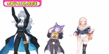 three anime characters are standing next to each other with a sign above them that says ' uc3 '