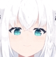 a close up of a girl with white hair and green eyes .