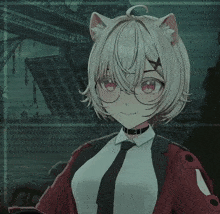 a girl with white hair and red eyes is wearing glasses and a choker