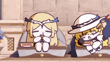 two cartoon characters are sitting on a bench one is eating and the other is sleeping