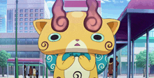 a cartoon cat with horns and a swirl around its neck