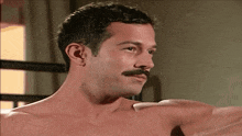 a shirtless man with a mustache is flexing his muscles