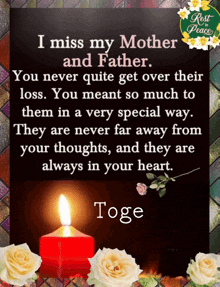 a card that says i miss my mother and father with a candle