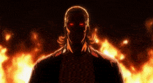 a man with red eyes stands in front of a fire background