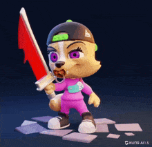 a cartoon character holding a red sword with kling written on the bottom of the image