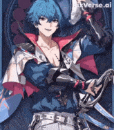 a blue haired anime character is holding a sword with ixverse.ai written in the corner
