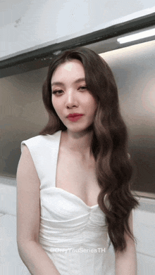 a woman in a white dress with the words only you series th on the bottom right
