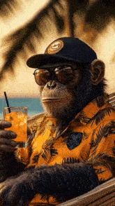 a chimpanzee wearing sunglasses and a hat is holding a glass of orange juice .