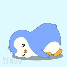 a blue and white penguin is laying down with the word pengu on the bottom left