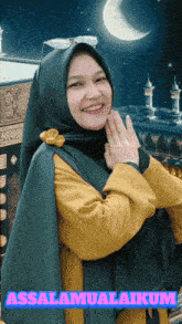 a woman wearing a hijab and a yellow jacket with the words assalamualaikum on the bottom right