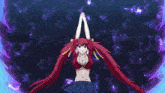 a girl with red hair and a blue skirt is holding her arms up in the air