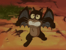 a cartoon cat with bat wings is standing on a rocky ground