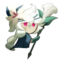 a cartoon character with white hair and red eyes holding a stick