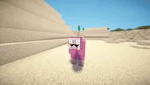 a pink minecraft character with a mustache is standing on a sandy beach