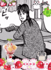 a black and white drawing of a woman sitting at a table with strawberries and a bowl of ice cream