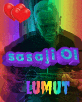 a man playing a guitar with the words sascjioi lumet written above him