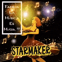 a woman is dancing in front of a sign that says familia la musica es magia !!!