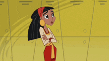 a cartoon character is standing in front of a wall with circles on it