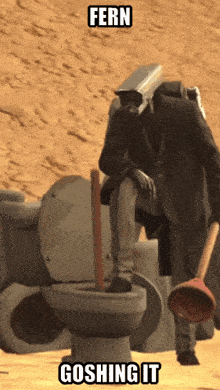 a man with a camera on his head is sitting on a toilet with a plunger in his hand and the words fern goshing it