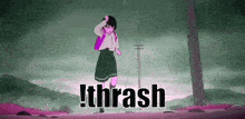 a girl with a backpack is walking in the rain with the words thrash written on the bottom .