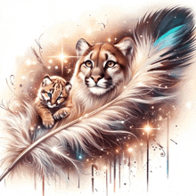 a painting of a cat and a kitten sitting on a feather