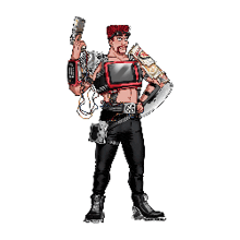 a pixel art of a man holding a gun with the number 29 on his belt
