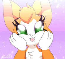 a cartoon drawing of a fox with green eyes and the name alfa995 on the bottom