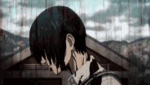 a man with blood coming out of his neck is standing in front of a house .