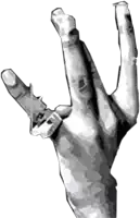 a black and white drawing of a person 's hand holding a knife .