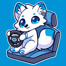 a white furry animal is sitting in a car seat with a steering wheel