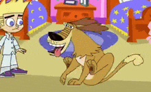 a cartoon drawing of a boy and a dog