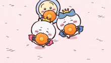 three cartoon characters are eating donuts and one has a crown on her head
