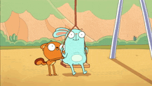 a cartoon drawing of a group of people riding a swing
