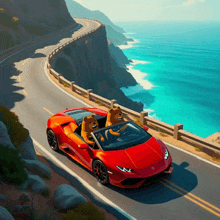 two teddy bears are driving a red sports car on a cliff overlooking the ocean