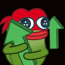 a cartoon character is holding up two green arrows pointing up