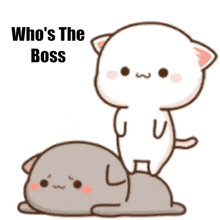 a cartoon cat is standing on top of another cat and says `` who 's the boss '' .