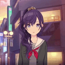 a girl with long purple hair and blue eyes is standing in front of a building
