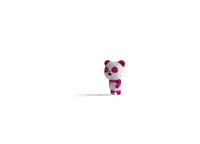 a stuffed panda bear with pink ears and eyes is making a face