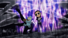 a cartoon of bender and a man in a suit with sunglasses