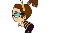 a cartoon character with glasses and a ponytail is standing on a white background