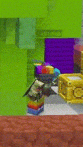 a computer generated image of a room with a green wall , a purple box , and a red couch .