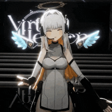 a girl with headphones on stands in front of a sign that says virtual