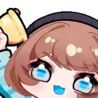 a cartoon girl with brown hair and blue eyes is wearing a hat and a blue scarf .