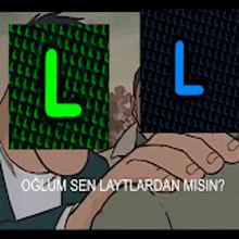 a man in a suit has a green l on his face and another man has a blue l on his face