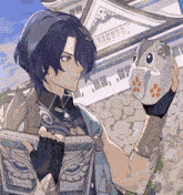 a cartoon of a man holding a stuffed animal in front of a building .
