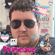 a man wearing sunglasses has a picture of a princess on his face