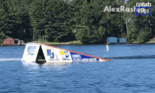 a boat with a sign that says bj 's sports shop on it