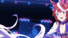 a girl with red hair and blue eyes is smiling