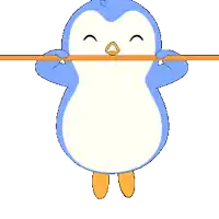 a blue and white penguin with an orange beak is hanging upside down