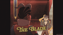 a cartoon of a man with horns giving a thumbs up with the words the blade below him